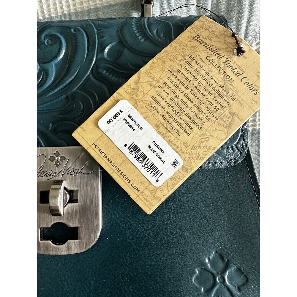 New Patricia Nash Chauny Floral Tooled Leather Satchel Handbag Purse Blue Coral - Picture 4 of 9